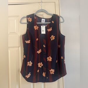 CAbi Navy and Maroon Floral Stripe Sleeveless Button Front Top